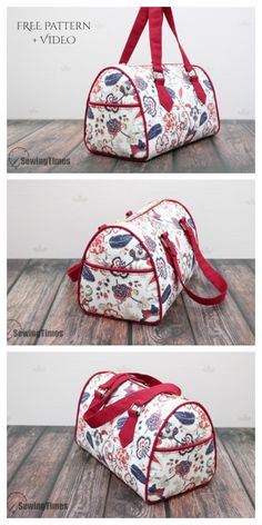 three different views of a duffel bag with red straps and flowers on the side