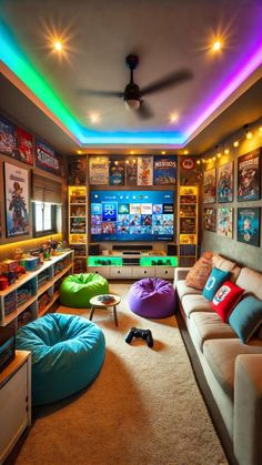 a living room filled with lots of furniture and colorful lights on the ceiling above it