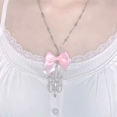 HANDMADE - Ship in 7 days 𝒜𝒷ℴ𝓊𝓉: Light up your look with this sweet ♡ Candlestick Bow Necklace ♡. The pink hue and ethereal Y2K vibes bring the perfect sense of nostalgia. Kawaii Fairycore, Romantic Necklace, Baroque Pearl Earrings, Buy Earrings, Y2k Vibes, Bow Necklace, Fairycore Cottagecore, All Pink, Vintage Style Jewellery