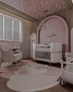 a baby's room decorated in pink and gold with white crib, rocking chair, chandelier, and large round rug