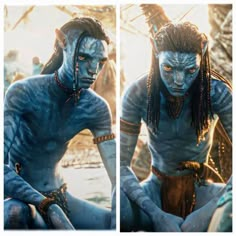 two pictures of avatars with blue paint on their faces and body, one is sitting down