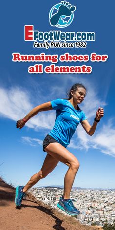 a woman running on top of a hill with the words footwear com family run since 2013