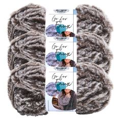 three skeins of yarn with two pictures of the same product on each side