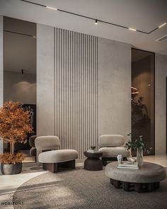 a living room filled with furniture and a tall plant in the middle of the room