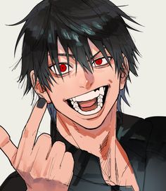 a man with black hair and red eyes making the peace sign