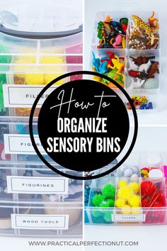 organized bins with text overlay how to organize sensory bins