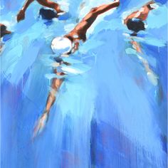 an abstract painting of people swimming in the water with one person reaching up to catch a frisbee