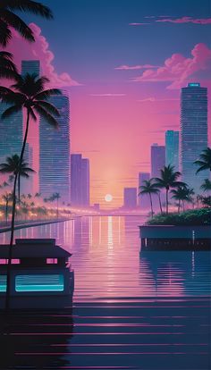 the sun is setting over a city with palm trees and water in front of it