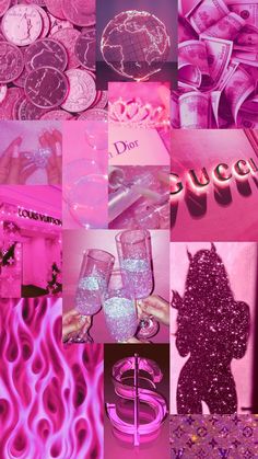 pink and purple collage with different items in the background, including glittery objects