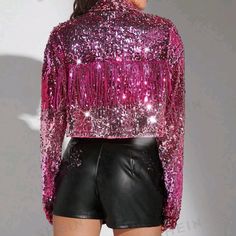 Womens Purplefringe Trim Sequin Jacket 100% Polyester Chic Party Outerwear With Tassels, Fall Party Tops With Fringe Details, Fringe Tops For Fall Party, Fall Party Tops With Fringe, Long Sleeve Fringe Outerwear For Party, Fall Party Outerwear With Tassels, Party Outerwear With Tassels, Winter Party Outerwear With Tassels, Fitted Fringe Outerwear For Parties