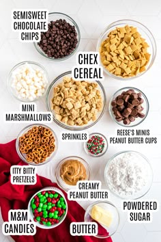 the ingredients to make this healthy snack include cereal, marshmallows, pretzels, peanut butter and chocolate chips