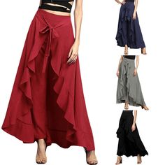 Features: Style:Casual Occasion: Daily Material: Chiffon Waistline: High Waist Pattern: Ruffled Type: Casual pants Skirts Season: Summer Size Waist Hips Length cm inch cm inch cm inch S 74 29 108 43 103 41 M 78 31 112 44 104 41 L 82 32 116 46 105 41 XL 86 34 120 47 106 42 2 XL 90 35 124 49 107 42 3 XL 94 37 128 50 108 43 Lace Up Trousers, Chiffon Pants, Palazzo Trousers, Fall Pants, Pants Skirt, Chiffon Fashion, Wrap Around Skirt, High Waist Fashion, Chiffon Ruffle