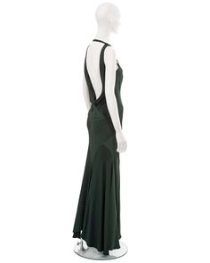 For Sale on 1stDibs - ▪ John Galliano bias-cut evening dress ▪ 'Hairclips' Fall-Winter 1988; ▪ One of Galliano's first bias-cut evening dresses which would later become a recurrent Dress Fw, Galliano Dress, Bias Cut Dress, Cut Dress, 90s Dress, Bottle Green, John Galliano, Evening Dress, What To Wear