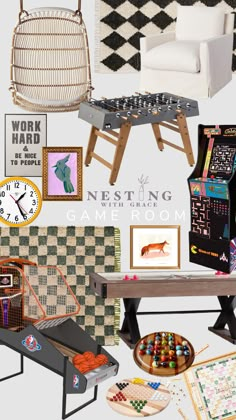 a collage of various items including a chair, table and other things on display