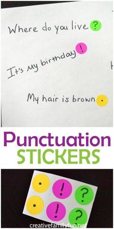 the words punctuation stickers are shown in green, yellow and pink