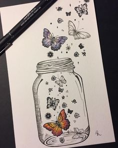 a drawing of butterflies flying out of a jar