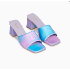 Feners Heels Slides Sandals Rainbow Le Mule Vegan Iridescent Blue Purple Y2k Style Cybercore Cyberpunk Futurism Sabrina Carpenter Square Toe Size: 7.5 / 38 Color: Blue Purple Excellent Used Condition. Iridescent Heels For Spring, Iridescent Sandals For Summer Parties, Summer Party Iridescent Sandals, Iridescent Open Toe Heels For Spring, Iridescent High Heels For Summer, Iridescent Heels For Summer Party, Spring Iridescent Synthetic Heels, Iridescent Heels For Summer Evenings, Trendy Purple Block Heel Sandals