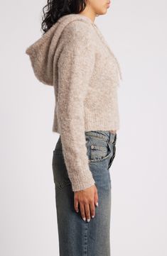 A fuzzy texture ups the cozy factor for a wool-kissed, hooded sweater you'll reach for on repeat. 19" length (size Medium) Drawstring hood Long sleeves Ribbed cuffs and hem 50% polyester, 20% acrylic, 18% nylon, 10% wool, 2% elastane Dry clean Imported Fuzzy Texture, Favorite Daughter, Crop Sweater, Maternity Shops, Designer Clothes For Men, Modern Outfits, On Repeat, Toddler Girl Outfits, Hooded Sweater