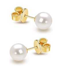 14K Real Yellow Gold 5-6mm White Near Round Freshwater Cultured Pearl Post Stud Earrings fine designer jewelry for men and women Buy Pearls, Baby Pearls, Gold Pearl Earrings, Yellow Gold Setting, Freshwater Cultured Pearls, Pearl Stud Earrings, Pearl Studs, Gold Pearl, White Pearl