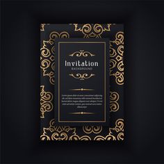 a black and gold wedding card with an ornate design on it, in the middle of a