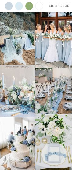 a collage of photos with blue and white wedding colors in the same color scheme