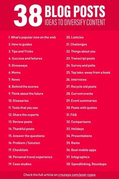 a red poster with the words 38 blog posts ideas to diversy content on it