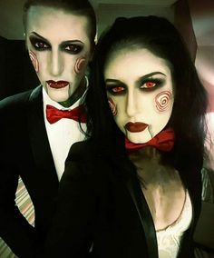 Halloween Makeup Looks For Couples, Halloween Makeup Looks Couple, American Horror Story Couples Costume, Couples Makeup Halloween, Horror Film Couples Costumes, Jigsaw Couple Costume, Demon Couple Costume, Couple Costume Scary, Maquillage Halloween Couple