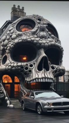 a car parked in front of a house with a skull on it's face