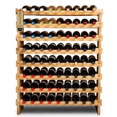 a wooden wine rack filled with lots of bottles on top of eachother in front of a white background