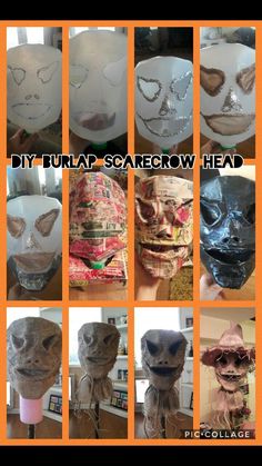 several pictures of different types of masks with words above them that read diy burlap scarecrow head