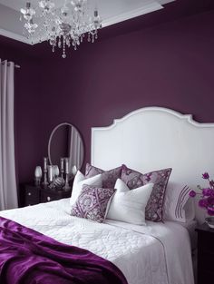 Plum Bedroom Decor: Deep Purple Wall Purple Wall Room, Plum Bedroom Decor, Purple Nightstand, Dark Purple Bedroom, Plum Bedroom, Purple Wall, Purple Pillows