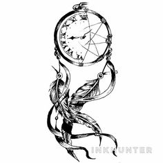 a black and white drawing of a clock with feathers hanging from it's sides