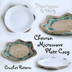 crochet patterns for coasters, plates and bowls with the words chevron microwave plate cozy