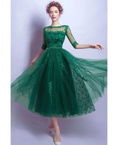 Buy Modest Green Sleeves Tea Length Lace Prom Dress With Sheer Back at wholesale price online. Free shipping and pro custom service since 2009. Tea Length Prom Dress, Cheap Homecoming Dresses, Grunge Dress, Short Homecoming Dress, Short Prom Dress, Green Prom Dress, Tea Length Dresses, Prom Dresses Lace, Homecoming Dresses Short