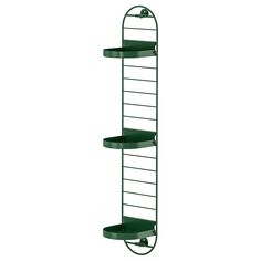 a green metal shelf with three shelves on it