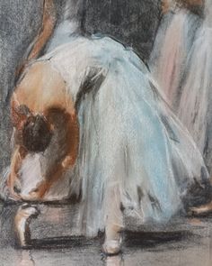 a pastel drawing of two ballerinas with their arms around each other and one cat on the ground