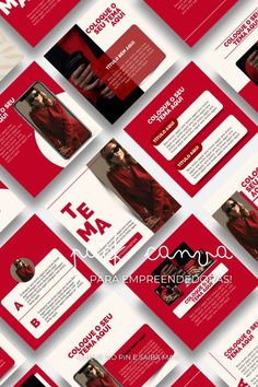 a bunch of red and white business brochures with different images on the front