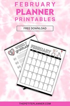 the free printable february planner is shown on top of a pink tie dye background