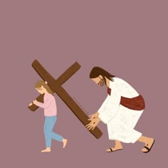 jesus carrying the cross with a child walking by it, and another person holding a large piece of wood in front of him