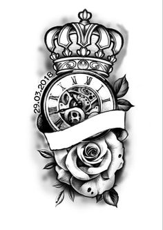 a rose with a clock and crown on it's head is shown in this tattoo design