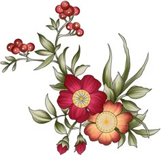 a drawing of flowers with leaves and berries on the stems in red, orange and yellow colors