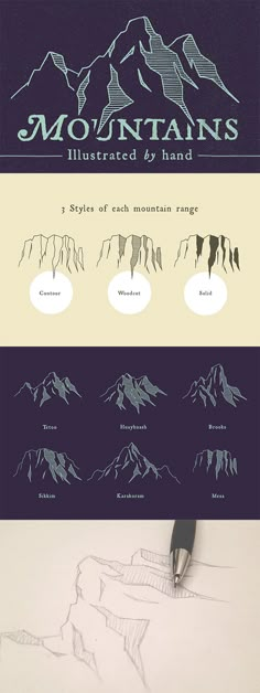 the mountains illustrated by hand is shown in three different colors and sizes, along with an ink pen