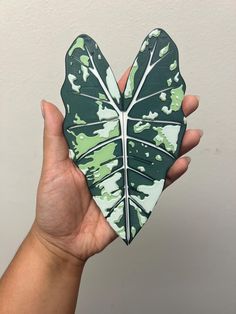 a hand holding a green and white leaf shaped paper cutout in the shape of a heart