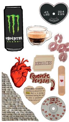 an assortment of stickers and magnets on a white background, including a can of monster energy