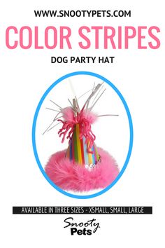 a dog party hat with pink feathers and colorful strips on it's top, in front of a white background