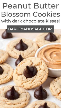 peanut butter blossom cookies with dark chocolate kisses are the perfect dessert for valentine's day