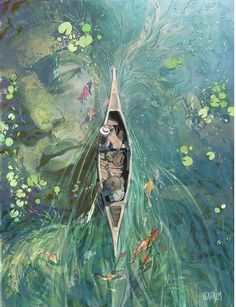 a painting of a person in a canoe floating on water with lily pads and koi fish