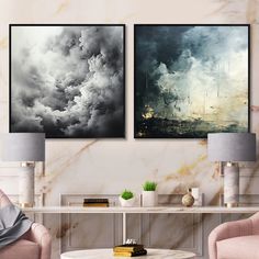 there are two paintings on the wall in this living room, one is black and white