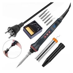 the tools needed to make an electric soldering machine are shown in front of a white background