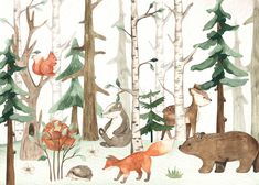 watercolor painting of forest animals and trees